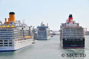 Ruby Princess, die Costa Deliziosa und die Queen Elizabeth im Hafen von Barcelona