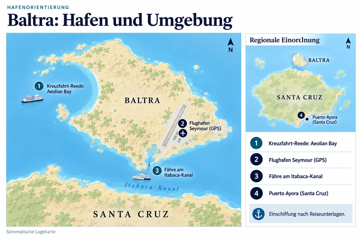 Schematische Hafenkarte von Baltra mit Kreuzfahrt-Reede in der Aeolian Bay, Flughafen Seymour und Fähre am Itabaca-Kanal. Eine regionale Übersicht zeigt Puerto Ayora an der Südküste von Santa Cruz.
