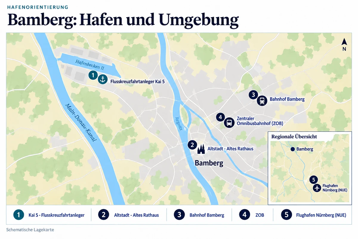 Schematische Hafenkarte von Bamberg mit Kreuzfahrtanleger Kai 5 im bayernhafen, Altstadt und Altem Rathaus, Bahnhof Bamberg und ZOB an der Promenadestraße. Die regionale Übersicht zeigt Flughafen Nürnberg südöstlich von Bamberg.