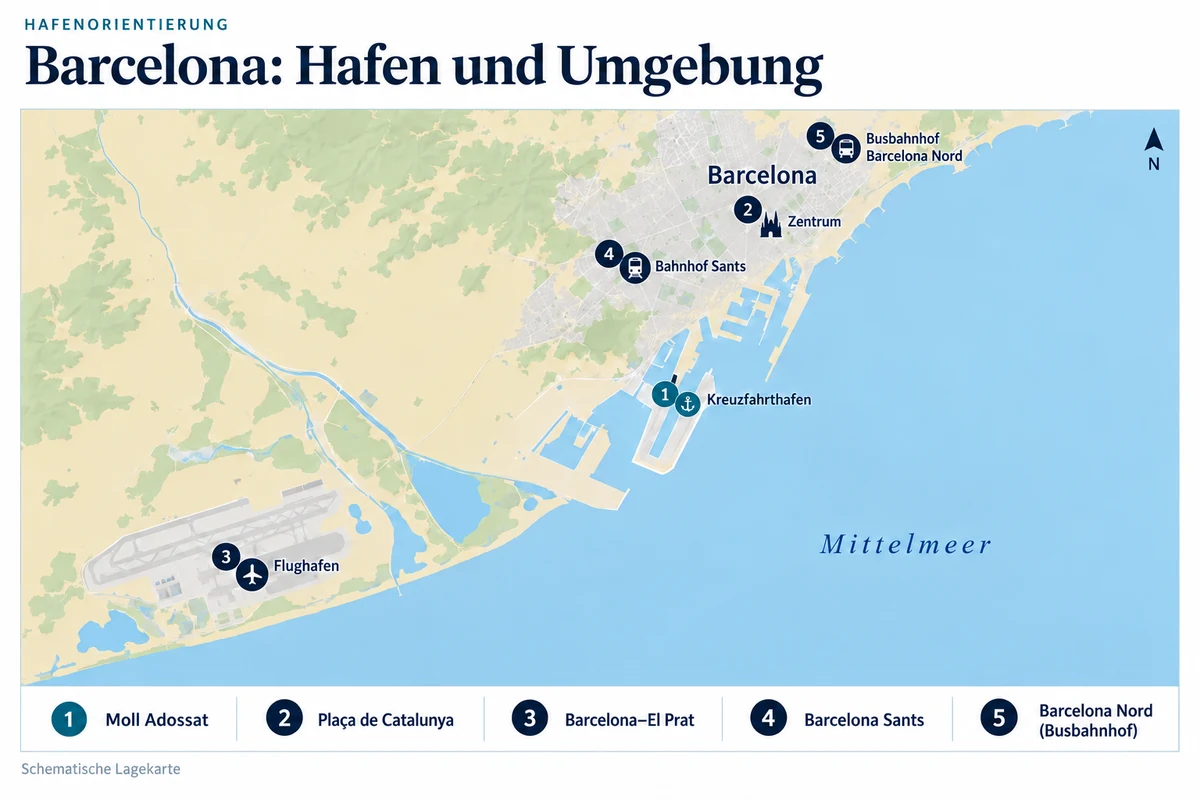 Schematische Hafenkarte von Barcelona mit Kreuzfahrthafen Moll Adossat, Plaça de Catalunya, Flughafen Barcelona–El Prat, Bahnhof Barcelona Sants und Busbahnhof Barcelona Nord.