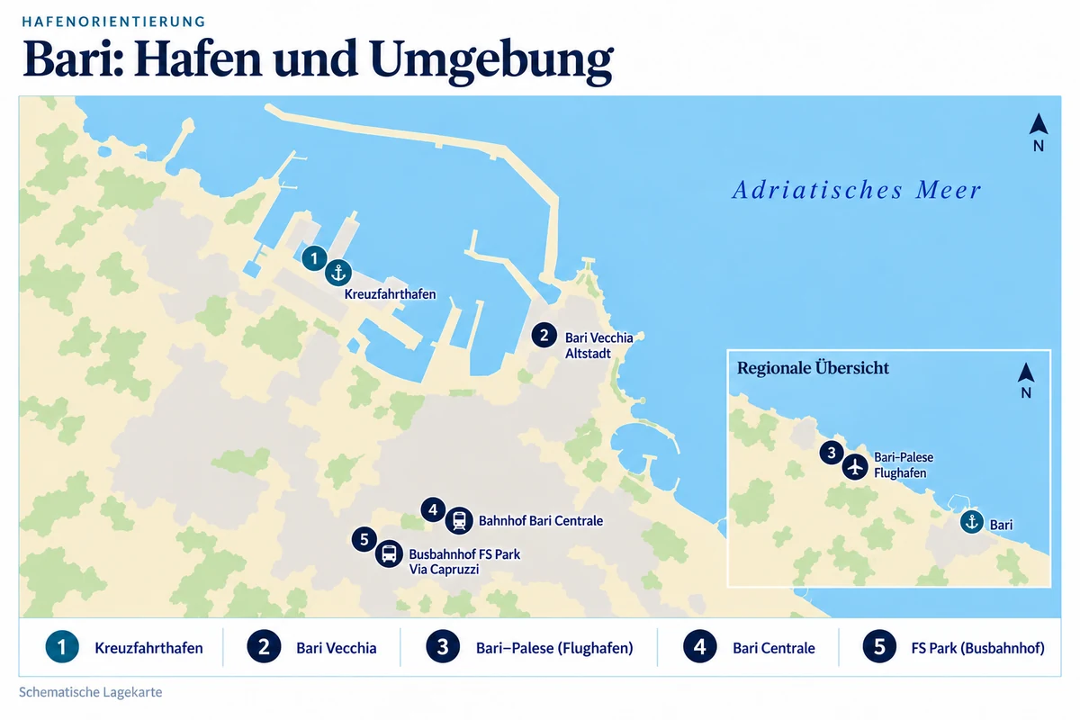 Schematische Hafenkarte von Bari mit Kreuzfahrthafen nordwestlich der Altstadt Bari Vecchia, Bahnhof Bari Centrale und Busbahnhof FS Park an der Via Capruzzi im Süden. Flughafen Bari–Palese in einer separaten regionalen Übersicht.