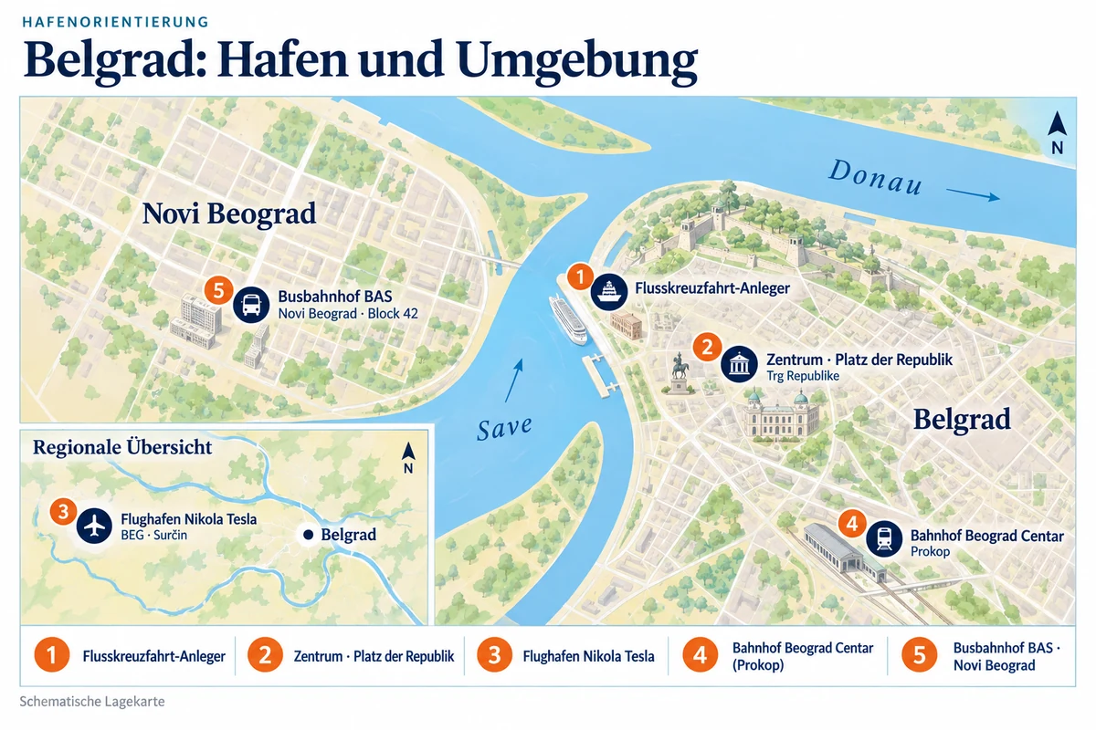 Schematische Hafenkarte von Belgrad mit Flusskreuzfahrt-Anleger an der Save, Platz der Republik, Bahnhof Beograd Centar (Prokop) und Busbahnhof BAS in Novi Beograd, Block 42. Die regionale Übersicht zeigt den Flughafen Nikola Tesla westlich von Belgrad.