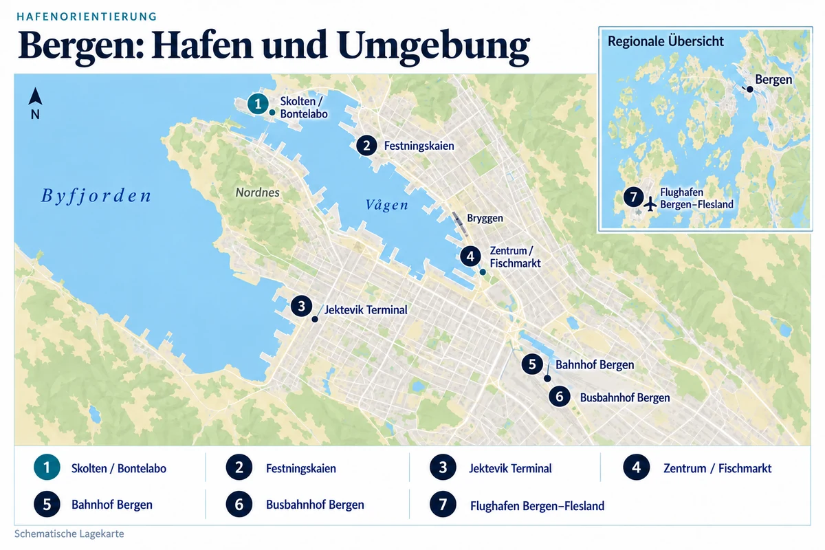 Schematische Hafenkarte von Bergen mit Skolten und Bontelabo, Festningskaien, Jektevik Terminal, Zentrum und Fischmarkt, Bahnhof Bergen und Busbahnhof Bergen. Flughafen Bergen–Flesland ist in einer separaten regionalen Übersicht südwestlich der Stadt eingezeichnet.