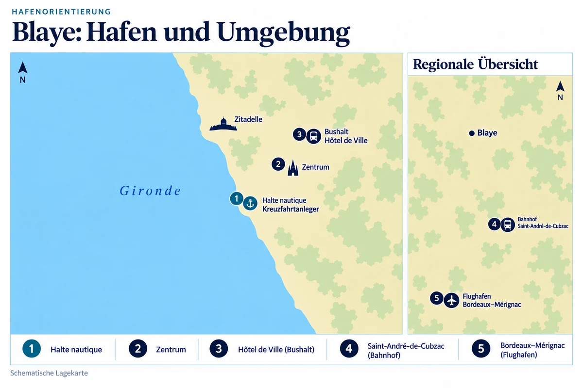 Schematische Hafenkarte von Blaye am Ostufer der Gironde: Kreuzfahrtanleger Halte nautique südlich der Zitadelle, Zentrum und Bushalt Hôtel de Ville. Separate regionale Übersicht mit Bahnhof Saint-André-de-Cubzac südöstlich und Flughafen Bordeaux–Mérignac südlich von Blaye.
