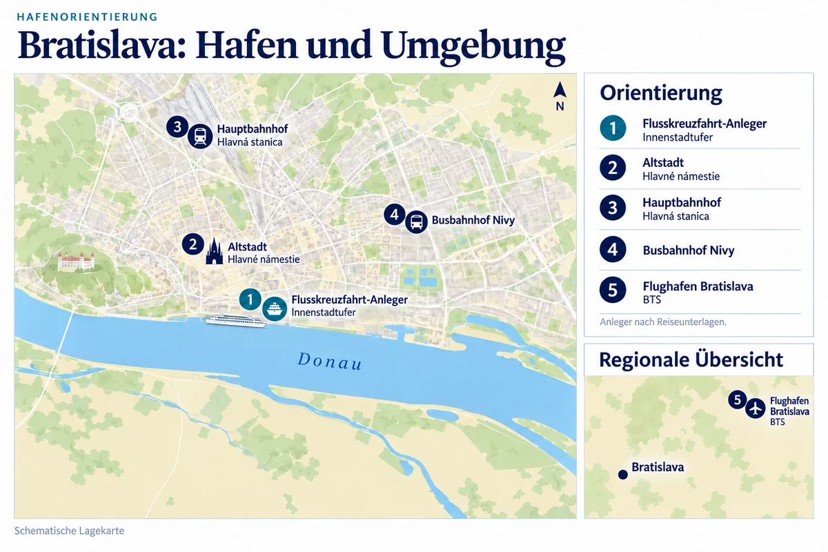 Schematische Hafenkarte von Bratislava mit Flusskreuzfahrt-Anlegern am Innenstadtufer der Donau, Altstadt am Hlavné námestie, Hauptbahnhof Hlavná stanica und Busbahnhof Nivy. Eine regionale Übersicht zeigt den Flughafen Bratislava BTS östlich bis nordöstlich der Stadt.