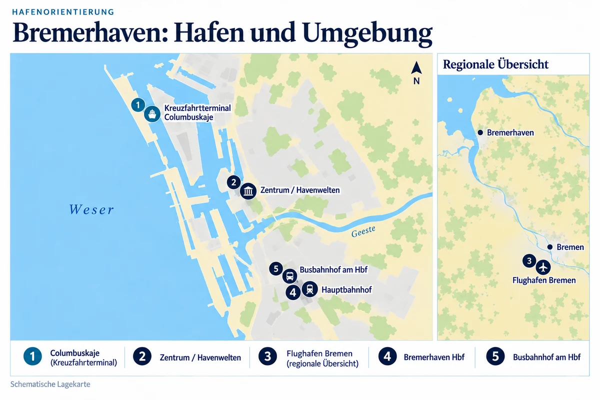 Schematische Hafenkarte von Bremerhaven mit Kreuzfahrtterminal an der Columbuskaje, Zentrum und Havenwelten sowie Hauptbahnhof mit benachbartem Busbahnhof. Der Flughafen Bremen liegt südöstlich in einer separaten regionalen Übersicht.
