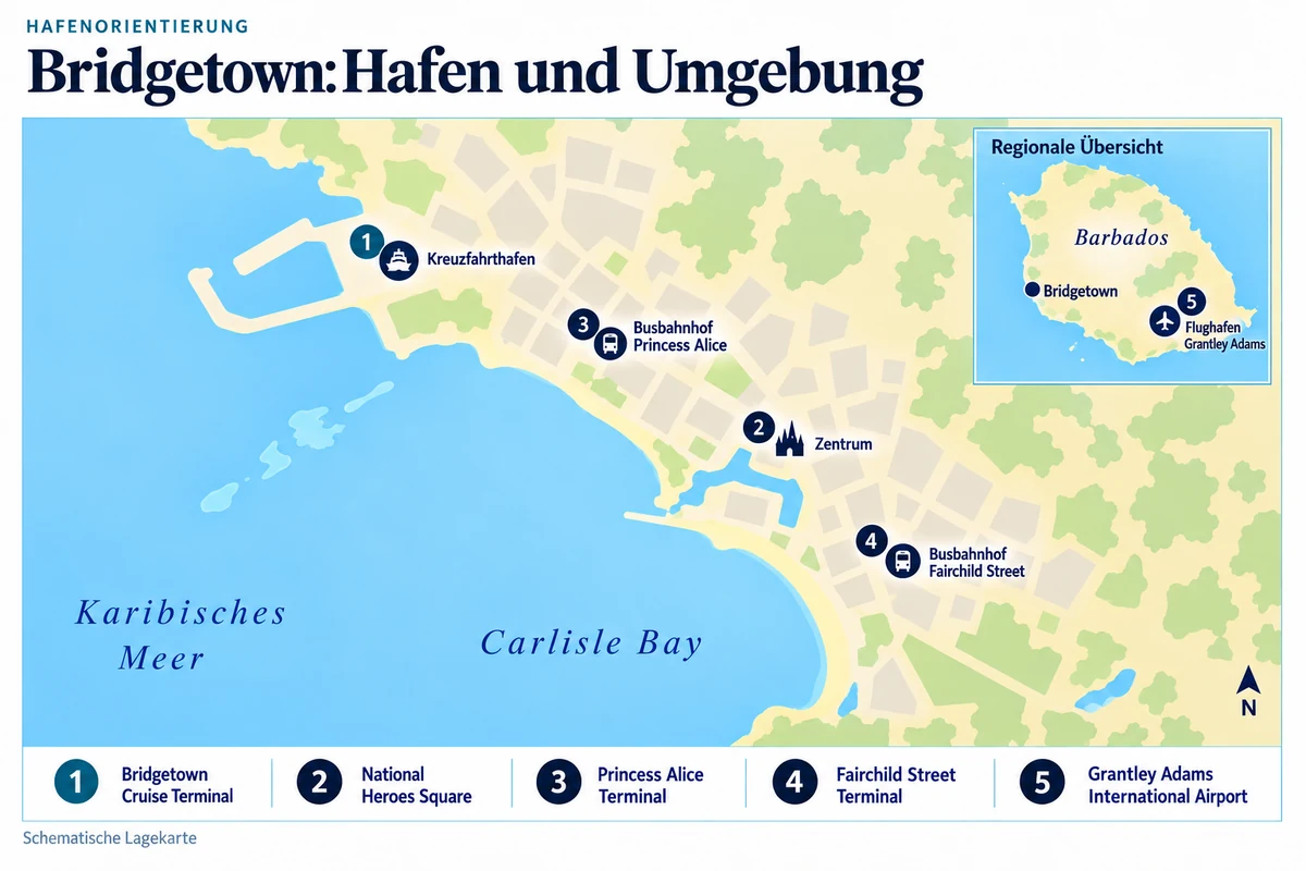 Schematische Hafenkarte von Bridgetown auf Barbados mit Kreuzfahrtterminal, Zentrum am National Heroes Square sowie den Busbahnhöfen Princess Alice und Fairchild Street. Grantley Adams International Airport liegt ostsüdöstlich in einer separaten Inselübersicht.