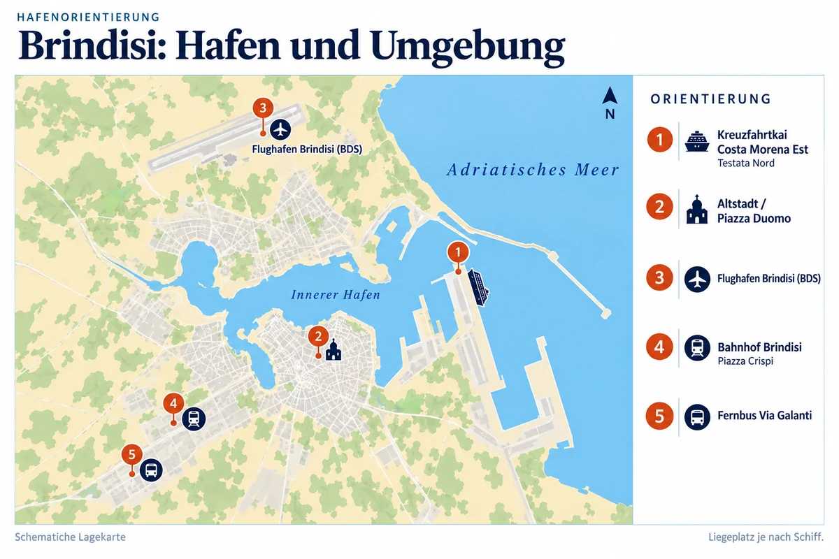Schematische Hafenkarte von Brindisi mit Kreuzfahrtkai Costa Morena Est (Testata Nord) östlich der Altstadt, Piazza Duomo, Flughafen Brindisi im Norden sowie Bahnhof Piazza Crispi und Fernbushalt Via Galanti im Südwesten.