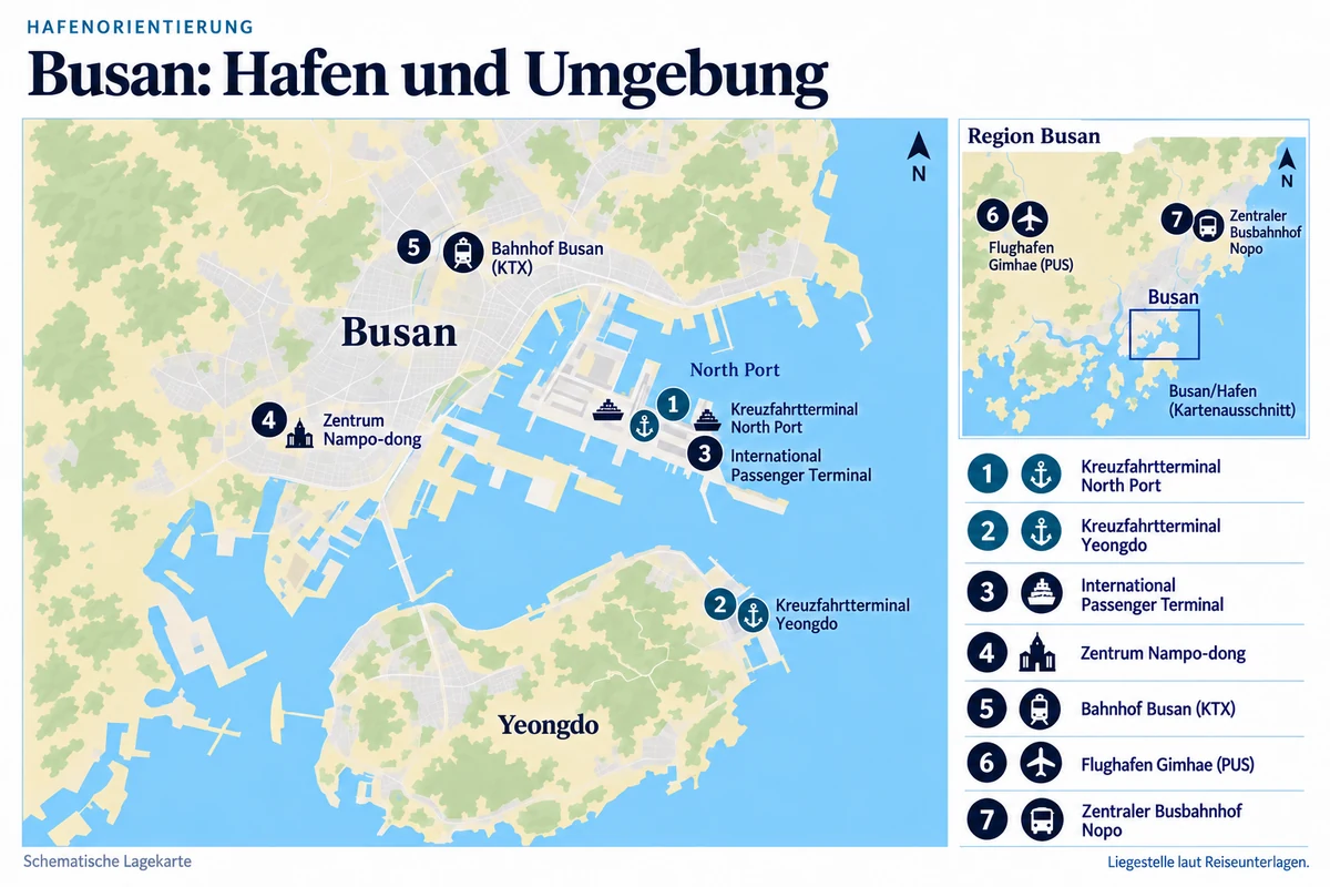 Schematische Hafenkarte von Busan mit den Kreuzfahrtterminals North Port und Yeongdo, dem International Passenger Terminal, Zentrum Nampo-dong und Bahnhof Busan (KTX). Regionale Übersicht mit Flughafen Gimhae nordwestlich und zentralem Busbahnhof Nopo nördlich des Hafens.