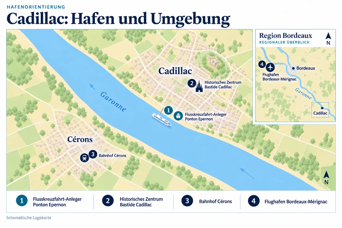 Schematische Hafenkarte von Cadillac an der Garonne mit Flusskreuzfahrt-Anleger Ponton Epernon, historischem Zentrum und Bahnhof Cérons am gegenüberliegenden Ufer. Flughafen Bordeaux-Mérignac nordwestlich in einer separaten regionalen Übersicht.