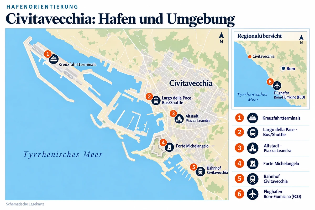 Schematische Hafenkarte von Civitavecchia mit Kreuzfahrtterminals, Bus- und Shuttle-Knoten Largo della Pace, Altstadt an der Piazza Leandra, Forte Michelangelo und Bahnhof Civitavecchia. Eine separate regionale Übersicht zeigt den Flughafen Rom-Fiumicino südöstlich des Hafenorts.