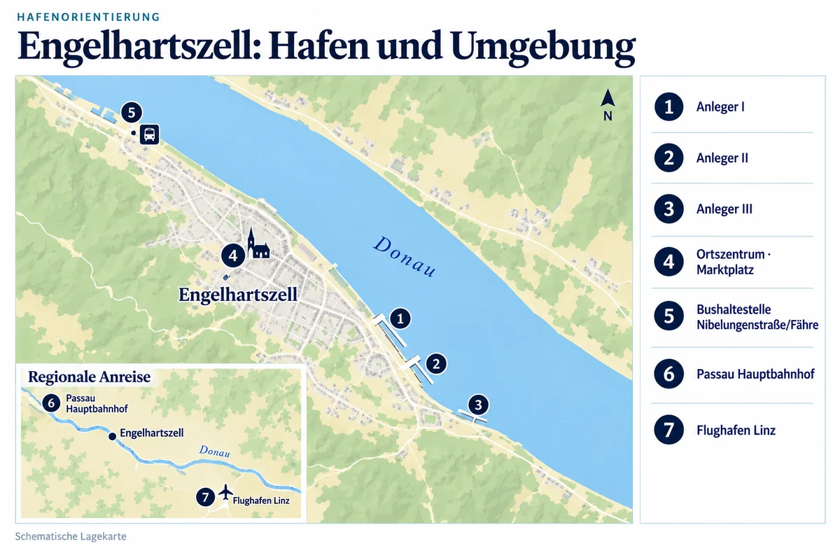 Schematische Hafenkarte von Engelhartszell an der Donau mit den Anlegestellen I, II und III am rechten Ufer, Ortszentrum am Marktplatz und Bushaltestelle Nibelungenstraße/Fähre. Eine getrennte regionale Übersicht zeigt Passau Hauptbahnhof nordwestlich und Flughafen Linz südöstlich von Engelhartszell.