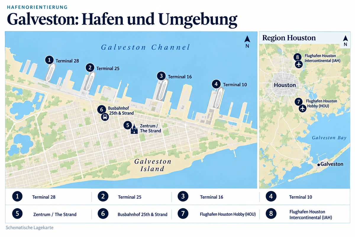 Schematische Hafenkarte von Galveston mit vier Kreuzfahrtterminals am Galveston Channel, Zentrum am Strand und Busbahnhof 25th & Strand. Die Nebenkarte zeigt die beiden Flughäfen von Houston nordwestlich von Galveston.