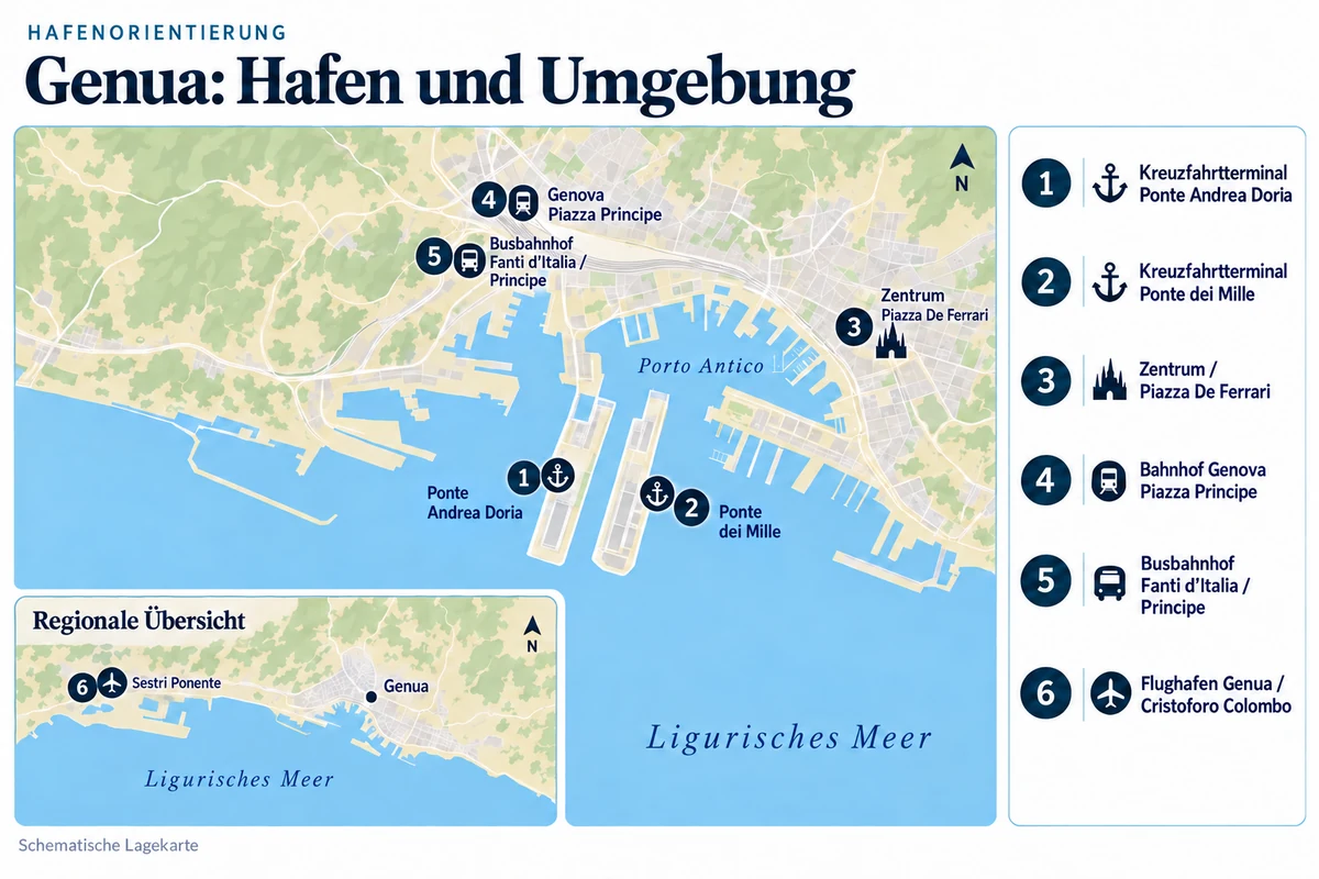 Schematische Hafenkarte von Genua mit Kreuzfahrtterminals Ponte Andrea Doria und Ponte dei Mille, Zentrum an der Piazza De Ferrari, Bahnhof Genova Piazza Principe und Busbahnhof Fanti d’Italia/Principe. Die regionale Übersicht zeigt den Flughafen Genua Cristoforo Colombo westlich der Stadt bei Sestri Ponente.