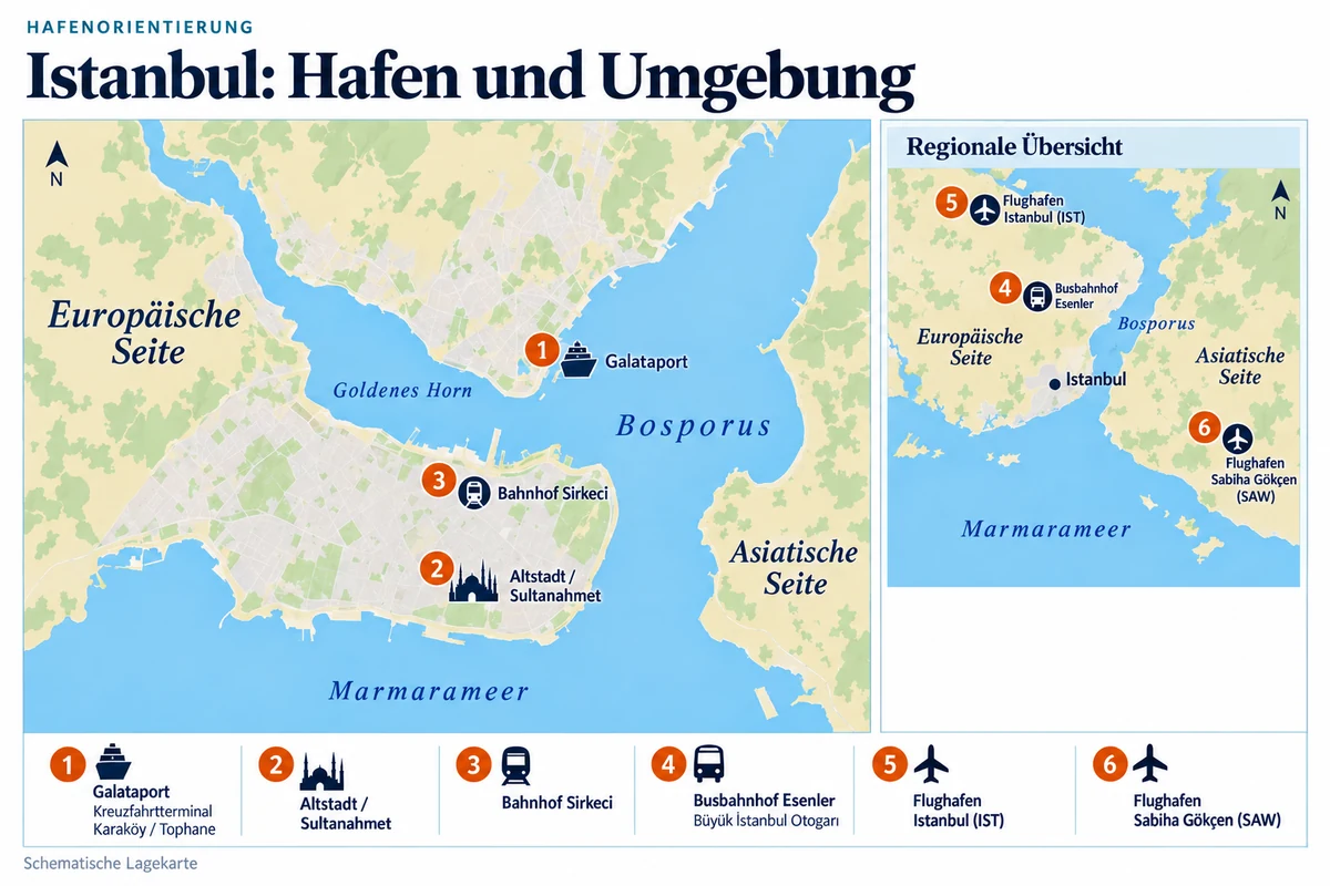 Schematische Hafenkarte von Istanbul mit Galataport am europäischen Bosporusufer, Altstadt Sultanahmet und Bahnhof Sirkeci südlich des Goldenen Horns. Die regionale Übersicht zeigt Busbahnhof Esenler, Flughafen Istanbul nordwestlich und Flughafen Sabiha Gökçen südöstlich auf der asiatischen Seite.
