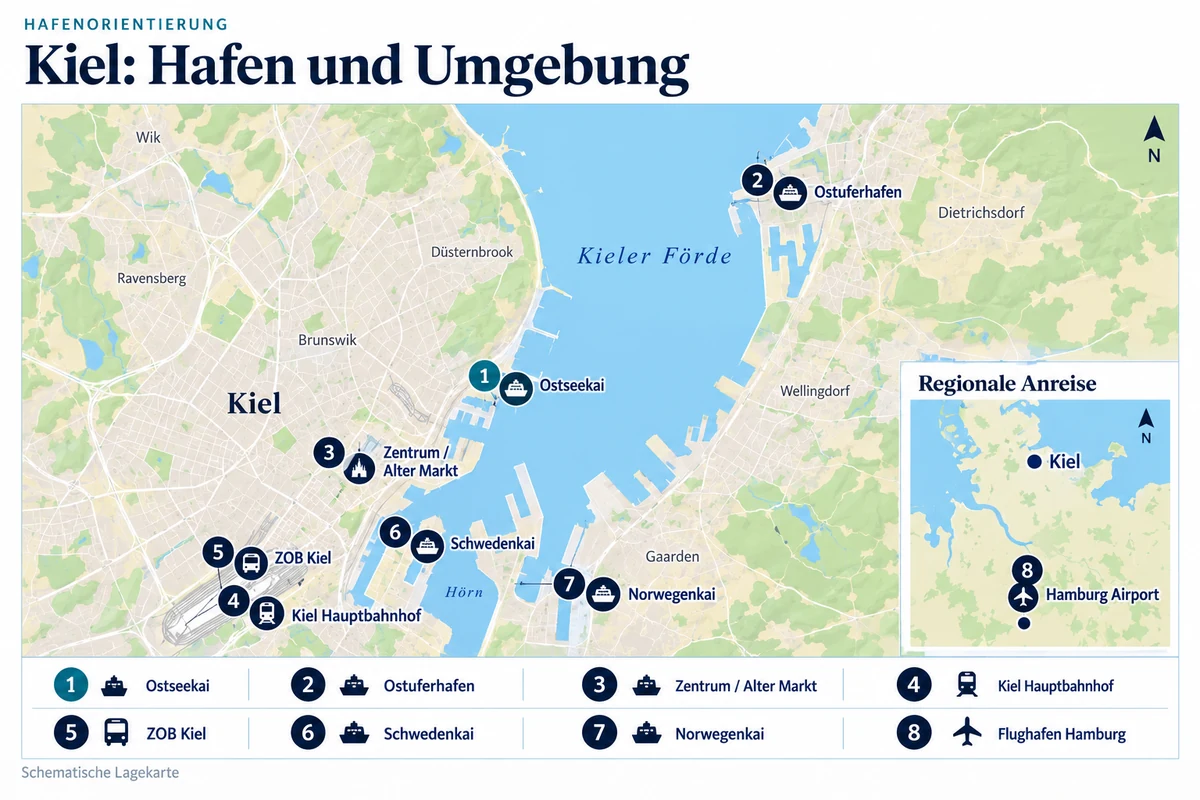 Schematische Hafenkarte von Kiel mit Ostseekai, Ostuferhafen, Zentrum, Hauptbahnhof, ZOB Kiel, Schwedenkai und Norwegenkai sowie Flughafen Hamburg in einer regionalen Nebenkarte.