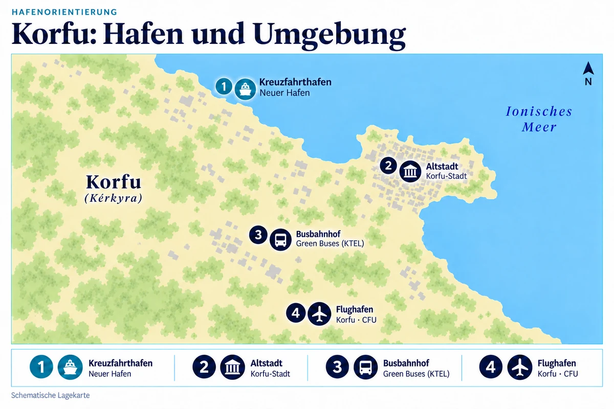 Schematische Hafenkarte von Korfu mit Neuem Hafen, Altstadt Korfu-Stadt, Busbahnhof Green Buses und dem südlich gelegenen Flughafen Korfu CFU.