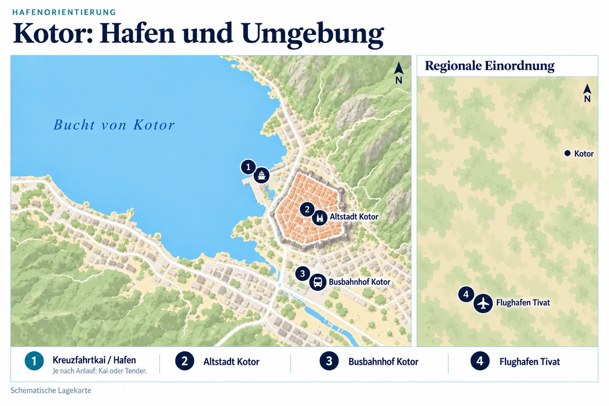 Schematische Hafenkarte von Kotor mit Kreuzfahrtkai nordwestlich der Altstadt und Busbahnhof südlich davon. Flughafen Tivat südwestlich von Kotor in einer regionalen Nebenkarte.