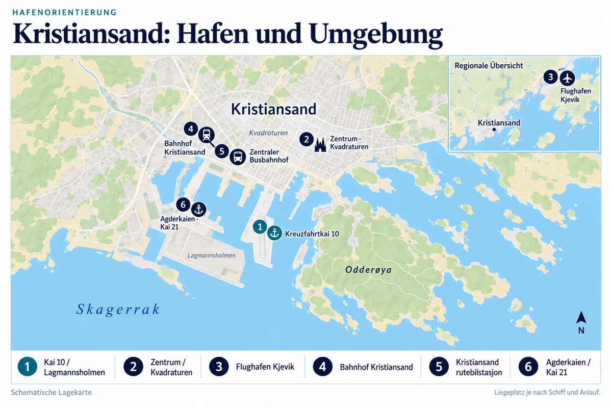Schematische Hafenkarte von Kristiansand mit Kreuzfahrtkai 10 an Lagmannsholmen, Agderkaien (Kai 21), Zentrum Kvadraturen, Bahnhof und zentralem Busbahnhof. Flughafen Kjevik nordöstlich der Stadt in einer regionalen Nebenkarte.
