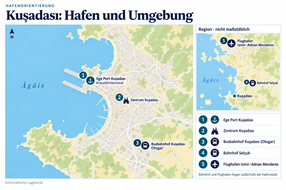 Schematische Hafenkarte von Kuşadası mit Kreuzfahrtterminal Ege Port, nahem Zentrum und südöstlich gelegenem Busbahnhof Otogar. Eine regionale Übersicht zeigt den Bahnhof Selçuk nordöstlich und den Flughafen Izmir–Adnan Menderes weit nördlich der Hafenstadt.