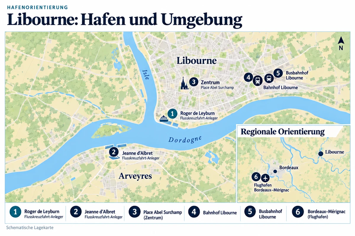 Schematische Hafenkarte von Libourne mit den Flusskreuzfahrt-Anlegern Roger de Leyburn auf Libourner Seite und Jeanne d’Albret auf Arveyres-Seite der Dordogne, dem Zentrum an der Place Abel Surchamp sowie Bahnhof und benachbartem Busbahnhof. Die regionale Nebenkarte zeigt Flughafen Bordeaux–Mérignac südwestlich von Libourne.