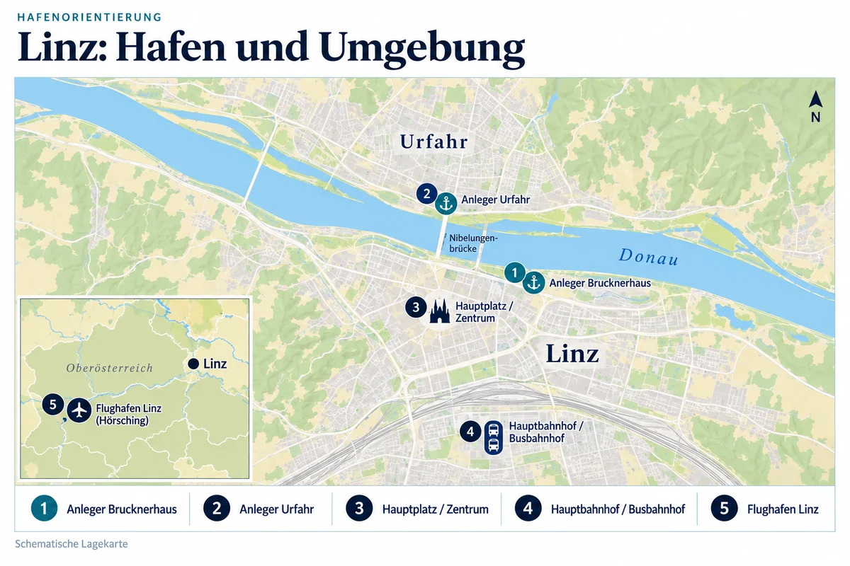 Schematische Hafenkarte von Linz mit Anlegern am Brucknerhaus und in Urfahr, Hauptplatz sowie Hauptbahnhof und Busbahnhof. Eine regionale Nebenkarte zeigt den Flughafen Linz in Hörsching südwestlich der Stadt.
