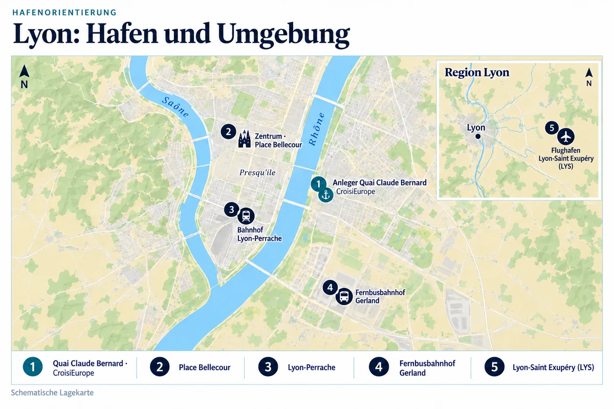 Schematische Hafenkarte von Lyon mit dem CroisiEurope-Anleger Quai Claude Bernard am östlichen Rhôneufer, Place Bellecour, Bahnhof Lyon-Perrache, Fernbusbahnhof Gerland und Flughafen Lyon-Saint Exupéry in einer regionalen Nebenkarte.