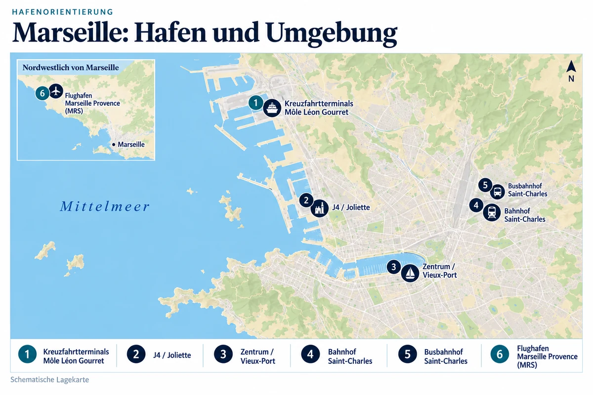 Schematische Hafenkarte von Marseille mit den Kreuzfahrtterminals Môle Léon Gourret im Norden, J4 und Joliette, Zentrum am Vieux-Port sowie Bahnhof und Busbahnhof Saint-Charles. Eine regionale Nebenkarte zeigt den Flughafen Marseille Provence nordwestlich der Stadt.