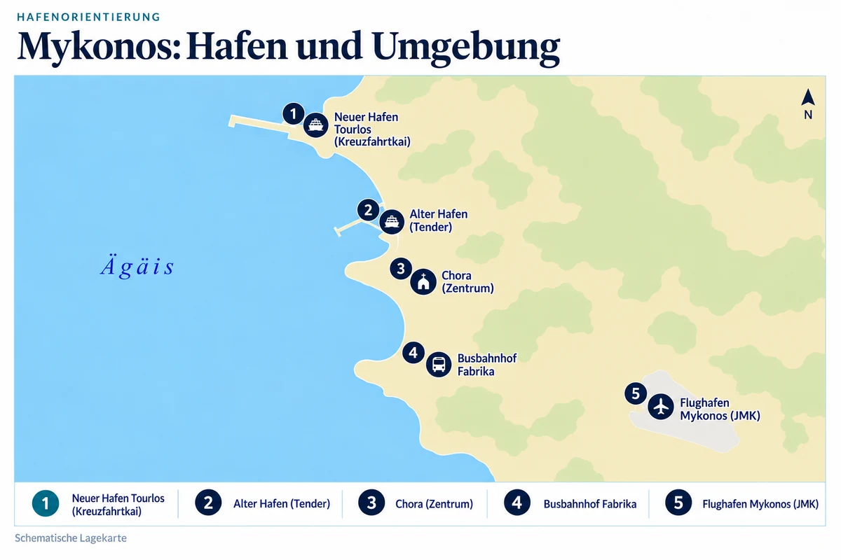 Schematische Hafenkarte von Mykonos mit Neuem Hafen Tourlos, Altem Hafen für Tender, Chora, Busbahnhof Fabrika und Flughafen Mykonos.