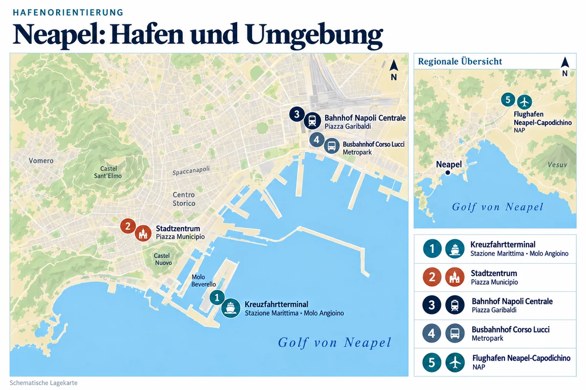Schematische Hafenkarte von Neapel mit Kreuzfahrtterminal Stazione Marittima am Molo Angioino, Piazza Municipio nordwestlich davon, Bahnhof Napoli Centrale und Busbahnhof Corso Lucci im Nordosten sowie Flughafen Neapel-Capodichino in einer regionalen Übersicht.