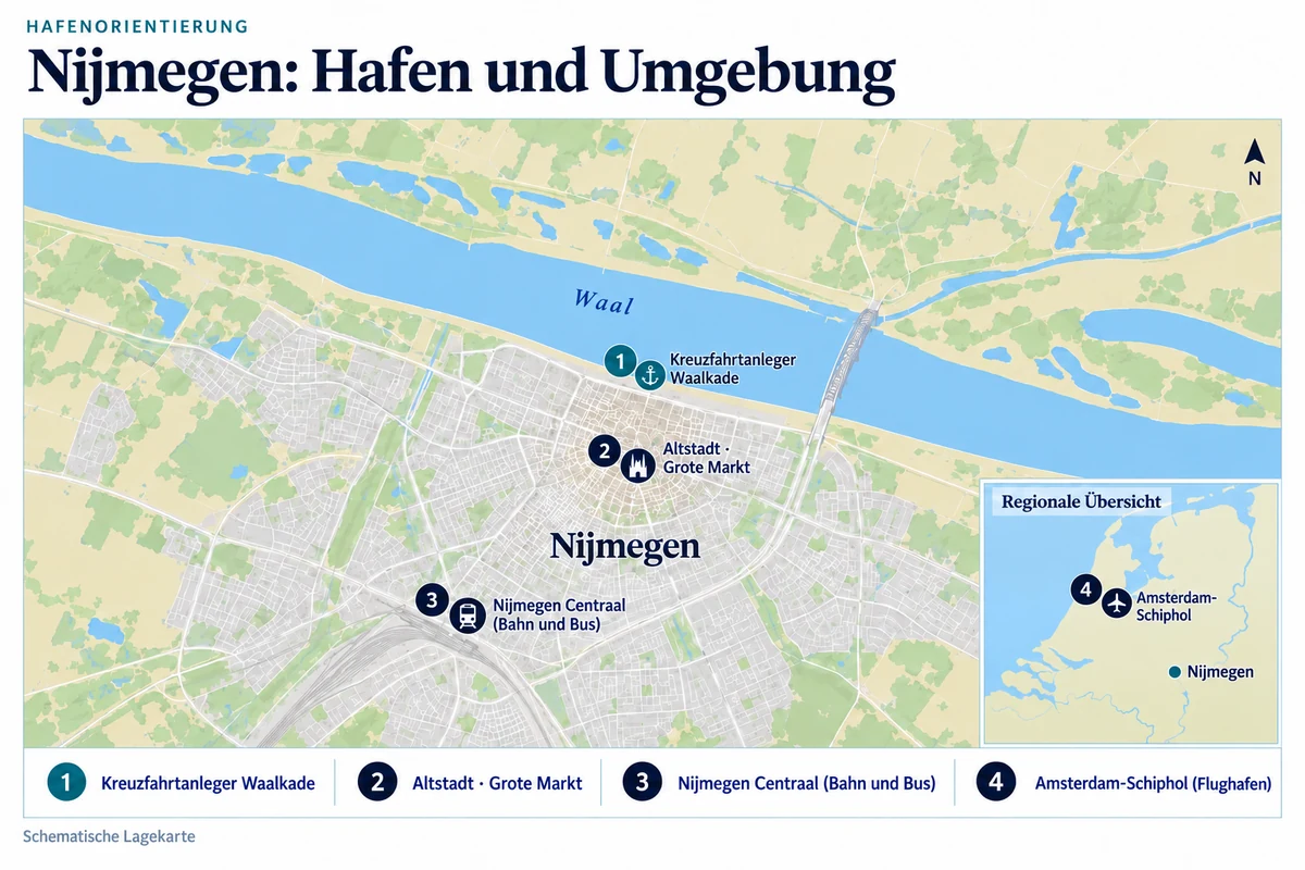 Schematische Hafenkarte von Nijmegen mit Kreuzfahrtanlegern an der Waalkade, Altstadt am Grote Markt und Bahnhof Nijmegen Centraal mit Busanschluss; Flughafen Amsterdam-Schiphol in einer regionalen Nebenkarte.