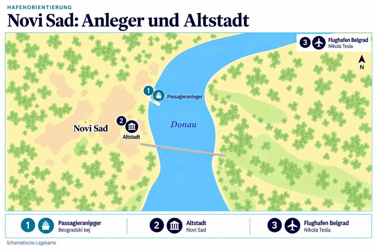 Schematische Hafenkarte von Novi Sad mit Passagieranleger am Beogradski kej, Altstadt südwestlich davon, Varadin-Brücke südlich des Anlegers und separater Flughafeninformation Belgrad Nikola Tesla.