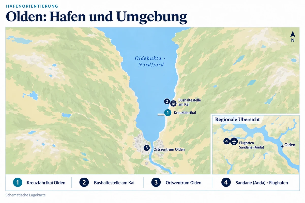 Schematische Hafenkarte von Olden mit Kreuzfahrtkai am Ostufer der Oldebukta, Bushaltestelle am Kai und Ortszentrum am Fjordende; Flughafen Sandane (Anda) in einer regionalen Nebenkarte.