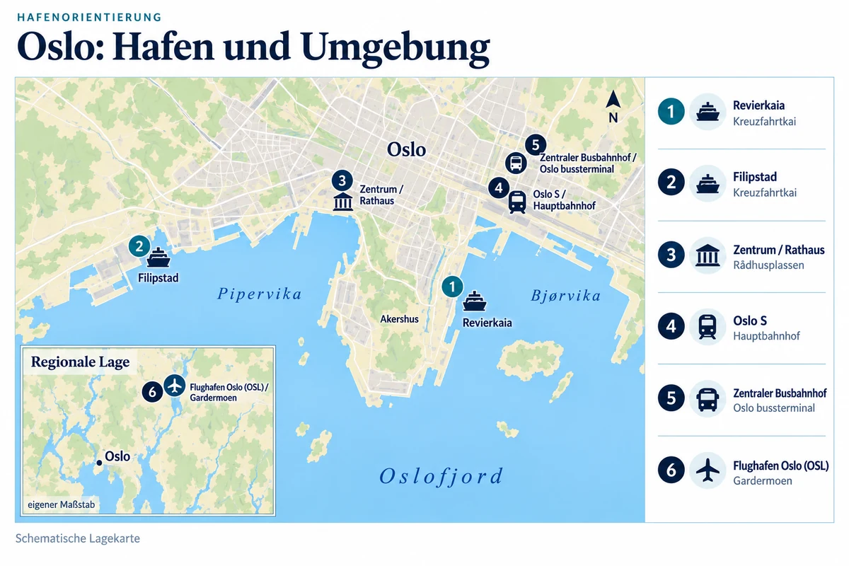 Schematische Hafenkarte von Oslo mit Revierkaia an der Ostseite von Akershus, Filipstad am westlichen Hafenufer, Rathaus, Hauptbahnhof Oslo S und zentralem Busbahnhof sowie Flughafen Oslo Gardermoen in einer regionalen Übersicht.