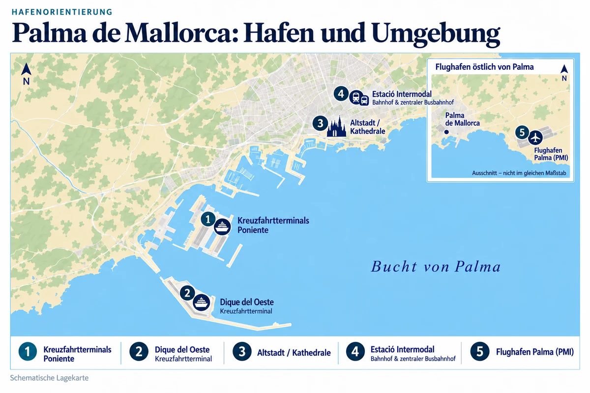 Schematische Hafenkarte von Palma de Mallorca mit Kreuzfahrtterminals Poniente, Dique del Oeste, Altstadt und Kathedrale sowie Estació Intermodal mit Bahnhof und zentralem Busbahnhof. Die regionale Übersicht zeigt den Flughafen Palma östlich bis südöstlich des Zentrums.