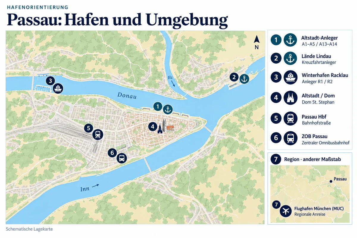 Schematische Hafenkarte von Passau mit Altstadt-Anlegern, Lände Lindau, Winterhafen Racklau, Altstadt und Dom, Hauptbahnhof sowie zentralem Omnibusbahnhof. Die regionale Übersicht zeigt den Flughafen München südwestlich von Passau.