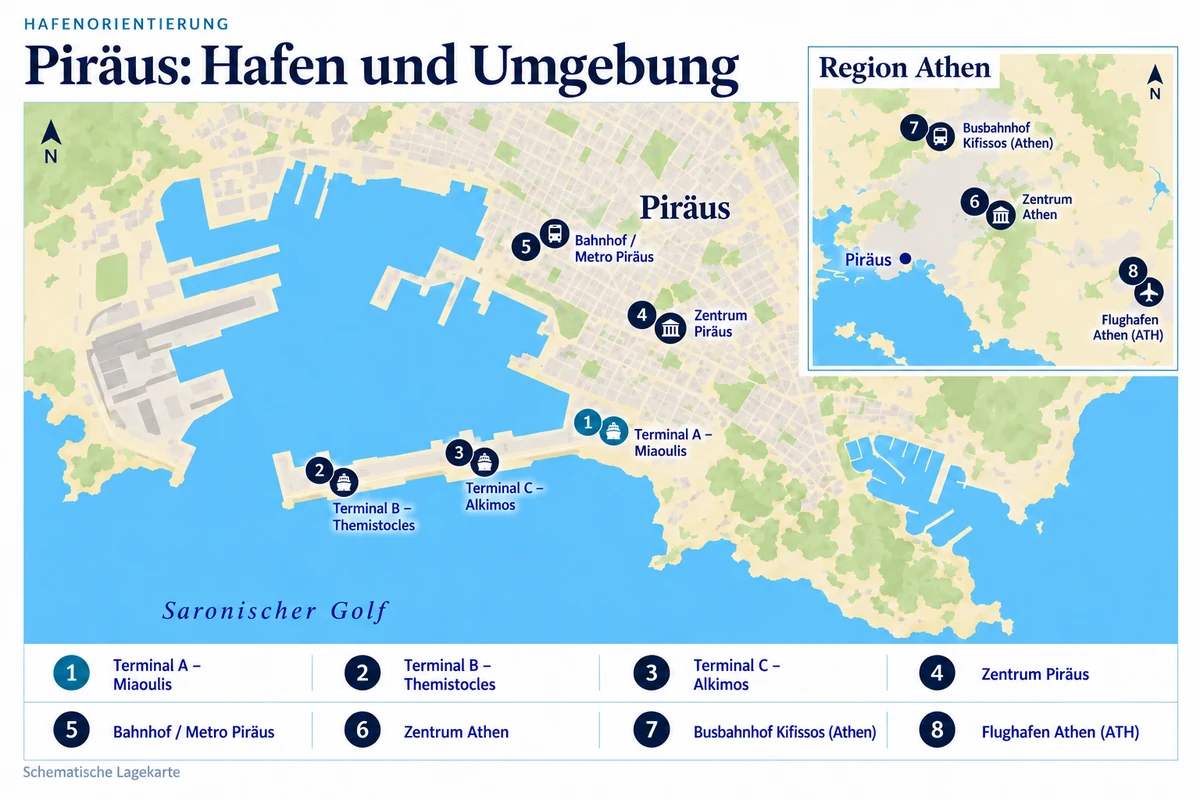 Schematische Hafenkarte von Piräus mit den Kreuzfahrtterminals A – Miaoulis, B – Themistocles und C – Alkimos, dem Stadtzentrum und Bahnhof / Metro Piräus. Die regionale Übersicht zeigt das Zentrum Athens, den Busbahnhof Kifissos in Athen und den weit östlich von Piräus gelegenen Flughafen Athen (ATH).
