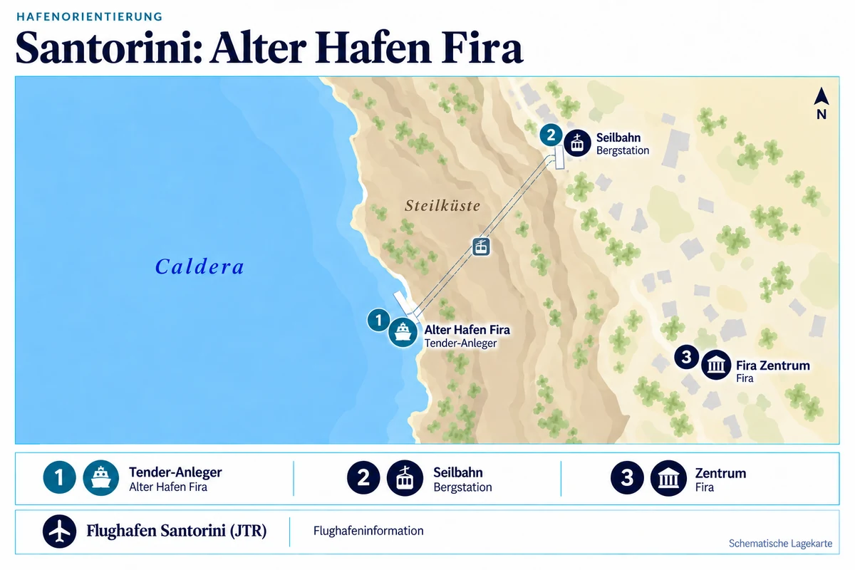 Schematische Hafenkarte von Santorini mit Tender-Anleger am Alten Hafen Fira, Seilbahn-Bergstation nordöstlich und Fira Zentrum oberhalb der Steilküste; Flughafen Santorini JTR als separate Information.