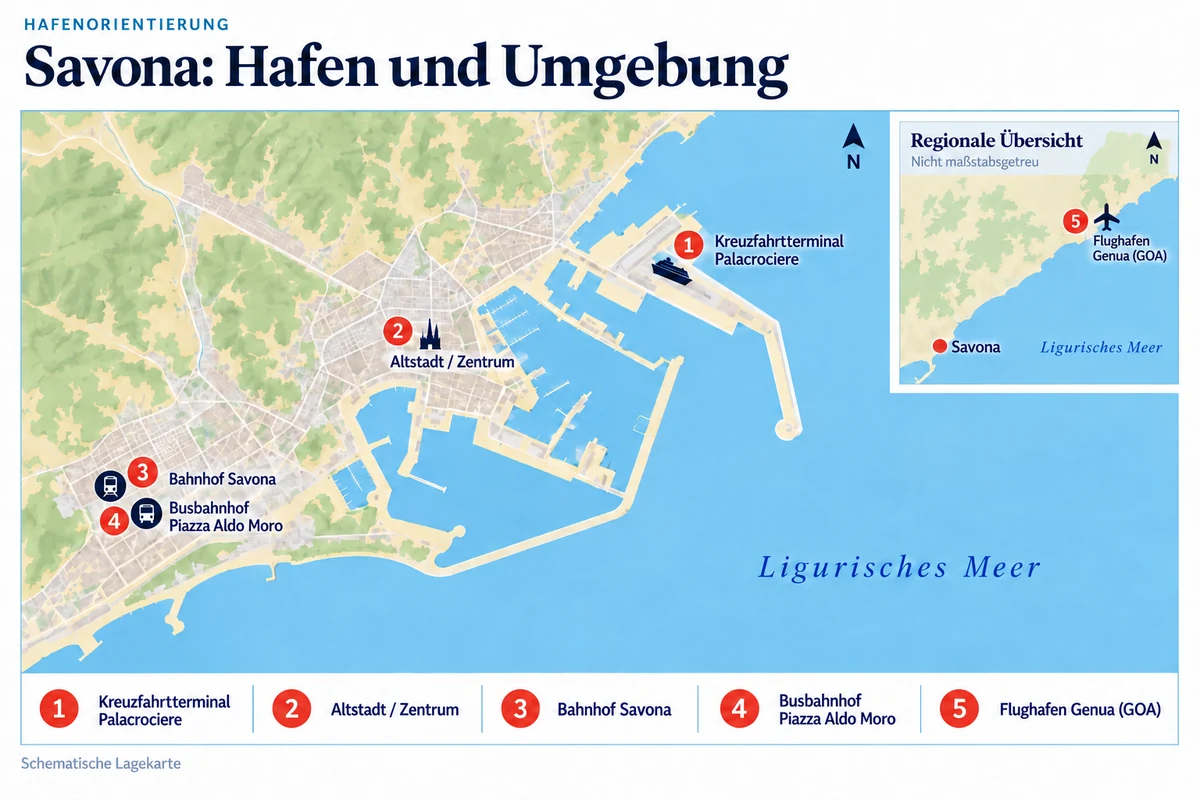 Schematische Hafenkarte von Savona mit Kreuzfahrtterminal Palacrociere, Altstadt und Zentrum sowie Bahnhof Savona mit benachbartem Busbahnhof Piazza Aldo Moro. Die regionale Übersicht zeigt den Flughafen Genua (GOA) östlich bis nordöstlich von Savona.