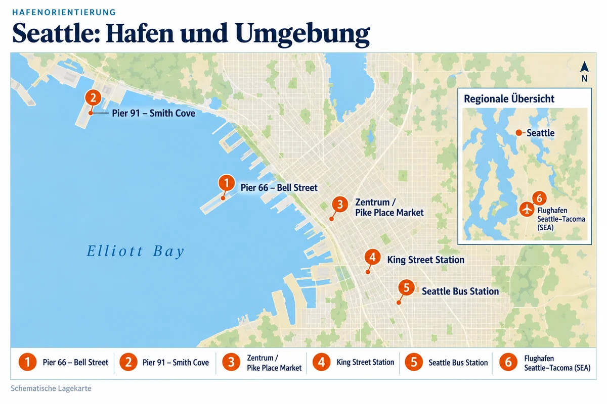 Schematische Hafenkarte von Seattle mit den Kreuzfahrtterminals Pier 66 Bell Street und Pier 91 Smith Cove, Zentrum am Pike Place Market, King Street Station und Seattle Bus Station. Die regionale Übersicht zeigt Flughafen Seattle–Tacoma (SEA) südlich von Seattle.
