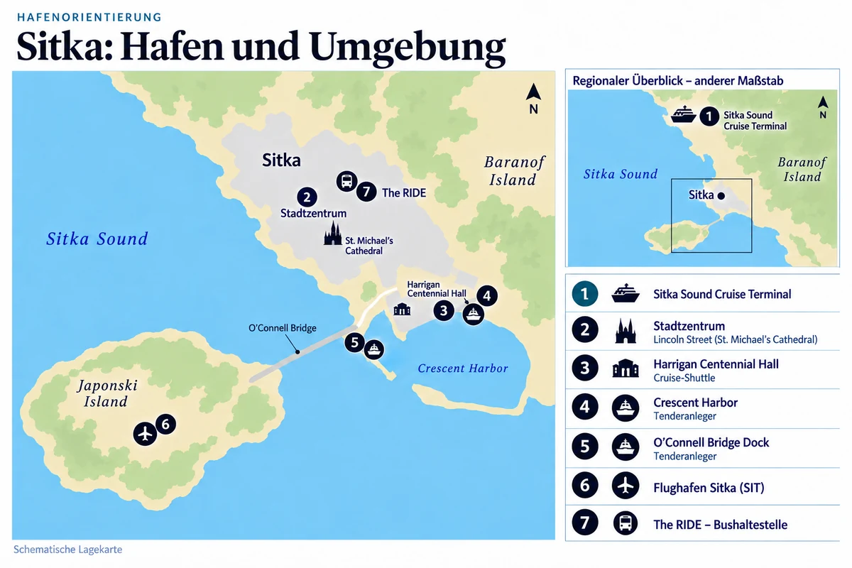 Schematische Hafenkarte von Sitka mit nördlichem Kreuzfahrtterminal, Stadtzentrum, Harrigan Centennial Hall, den Tenderanlegern Crescent Harbor und O’Connell Bridge Dock, Flughafen auf Japonski Island und zentraler The-RIDE-Bushaltestelle.