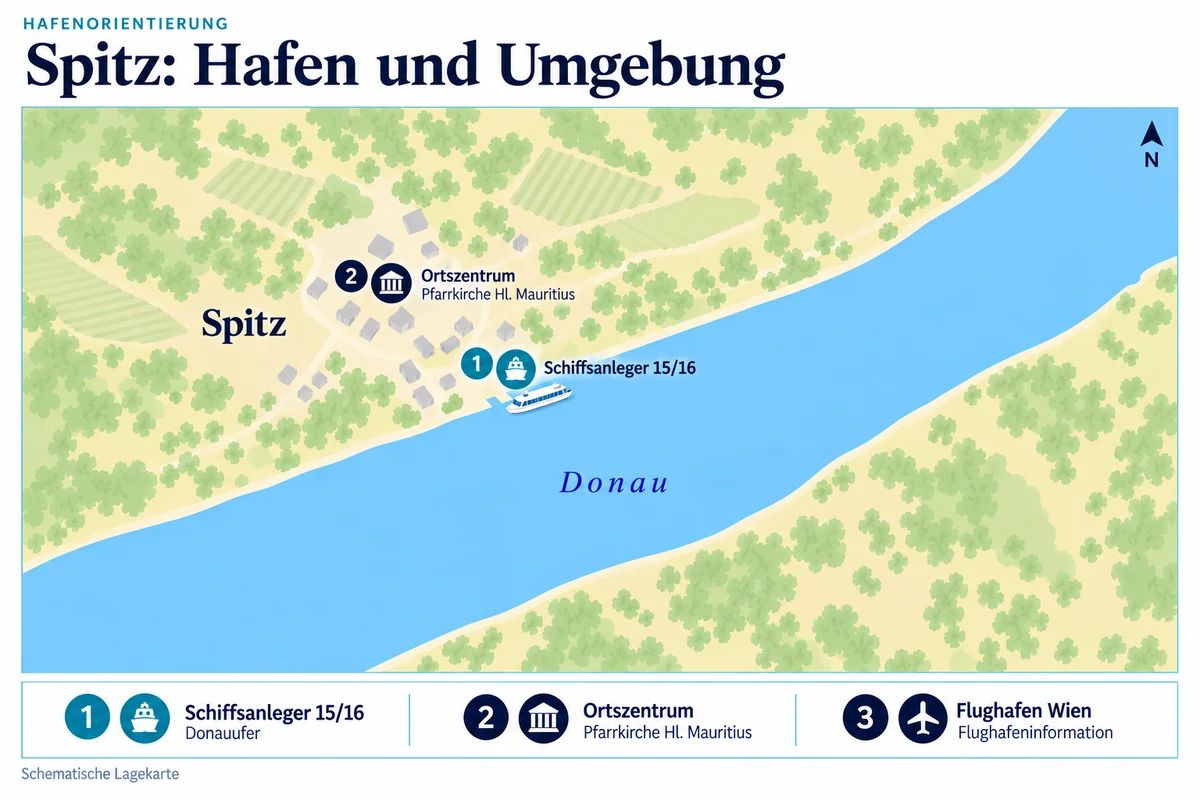 Schematische Hafenkarte von Spitz an der Donau mit Schiffsanlegern 15/16 am Ortsufer, Zentrum bei der Pfarrkirche Hl. Mauritius und separater Flughafeninformation zu Wien.