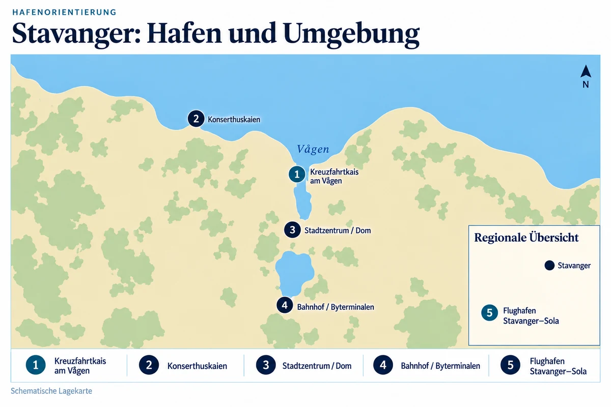 Schematische Hafenkarte von Stavanger mit den Kreuzfahrtkais am Vågen, Konserthuskaien, Stadtzentrum am Dom sowie Bahnhof und Busbahnhof Byterminalen. Der Flughafen Stavanger–Sola erscheint südwestlich in einer separaten regionalen Übersicht.