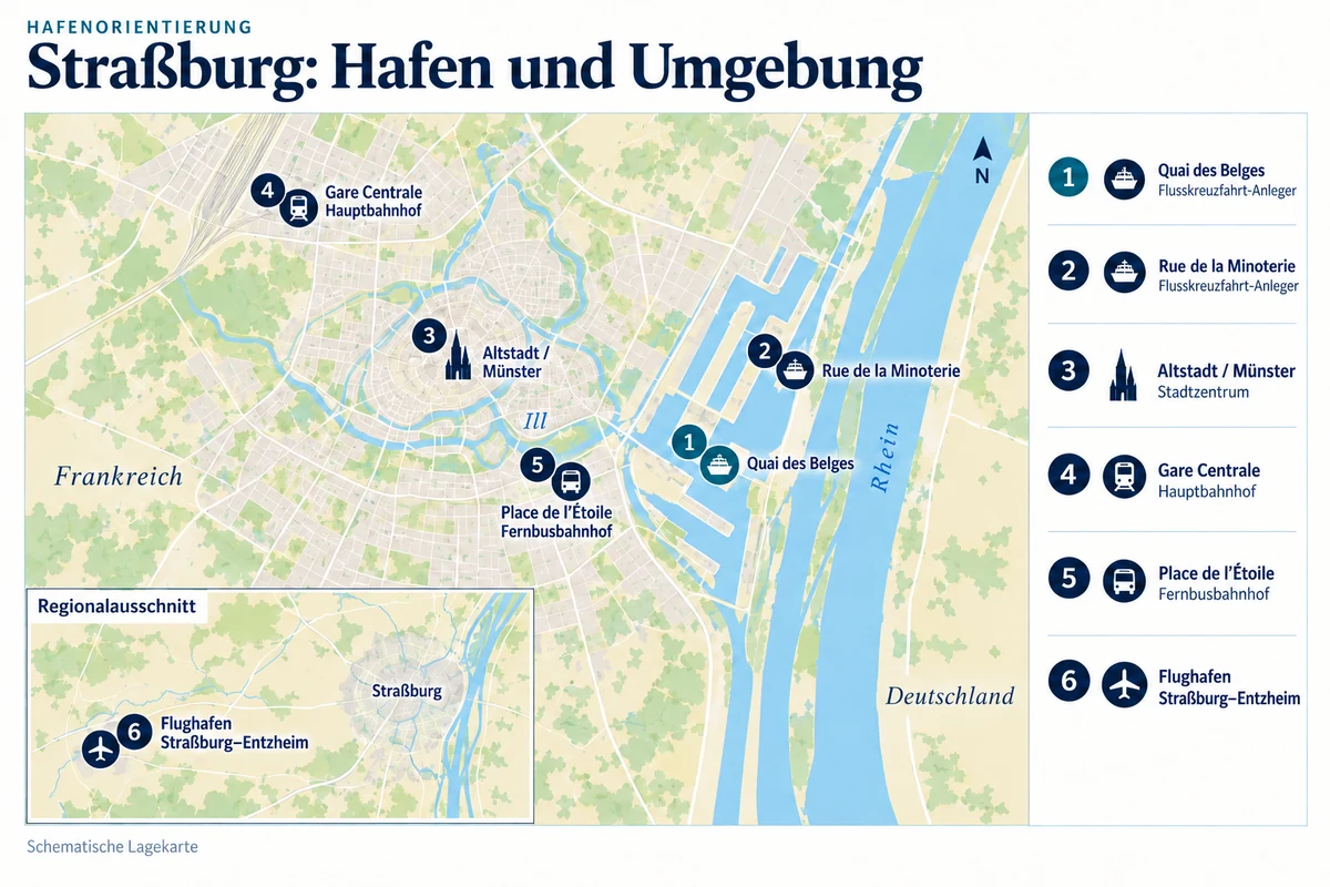 Schematische Hafenkarte von Straßburg mit Flusskreuzfahrt-Anlegern am Quai des Belges und an der Rue de la Minoterie westlich des Rheins, Altstadt mit Münster, Gare Centrale und Fernbusbahnhof Place de l’Étoile. Eine Nebenkarte zeigt den Flughafen Straßburg–Entzheim südwestlich der Stadt.