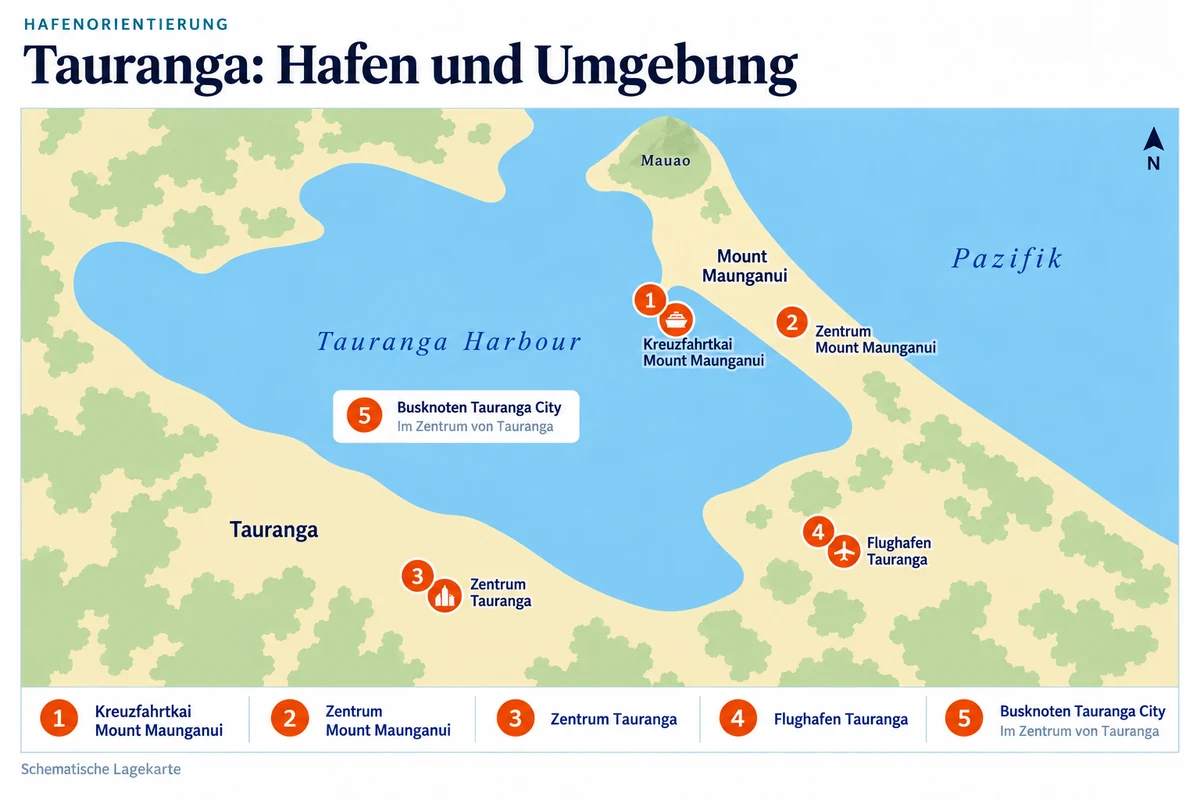 Schematische Hafenkarte von Tauranga mit Kreuzfahrtkai und Zentrum von Mount Maunganui, Zentrum Tauranga, Flughafen Tauranga und Informationsfeld zum Busknoten Tauranga City.