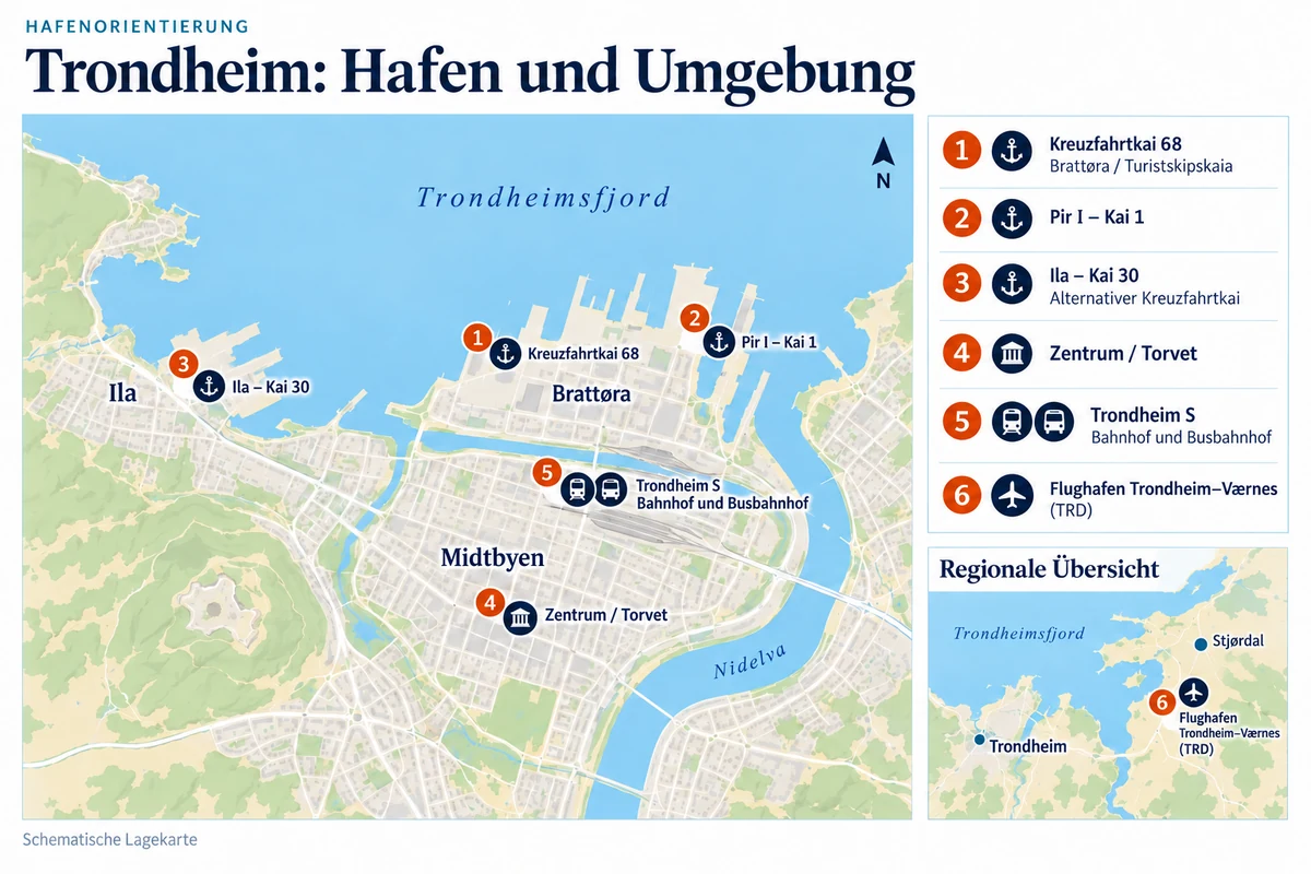 Schematische Hafenkarte von Trondheim mit Kreuzfahrtkai 68 auf Brattøra, Pir I – Kai 1, alternativem Kreuzfahrtkai Ila – Kai 30, Zentrum am Torvet sowie Bahnhof und Busbahnhof Trondheim S. Eine regionale Nebenkarte zeigt den Flughafen Trondheim–Værnes bei Stjørdal.