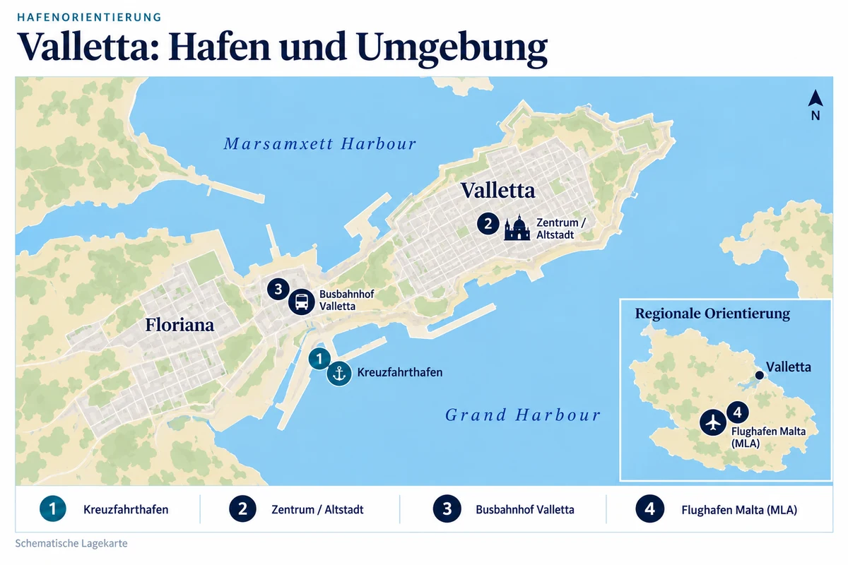 Schematische Hafenkarte von Valletta mit Kreuzfahrthafen am Pinto Wharf und Waterfront, Zentrum und Altstadt sowie Busbahnhof Valletta am City Gate und Triton-Brunnen. Eine regionale Übersicht zeigt den Flughafen Malta (MLA) bei Luqa südwestlich von Valletta.