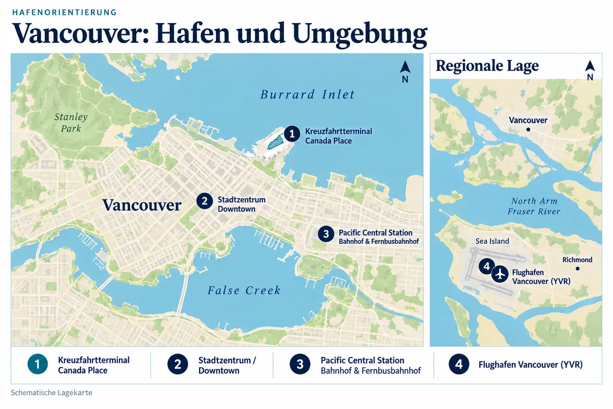 Schematische Hafenkarte von Vancouver mit Kreuzfahrtterminal Canada Place am Burrard Inlet, Stadtzentrum Downtown und Pacific Central Station als Bahnhof und Fernbusbahnhof. Die regionale Übersicht zeigt den Flughafen Vancouver YVR süd-südwestlich auf Sea Island in Richmond.
