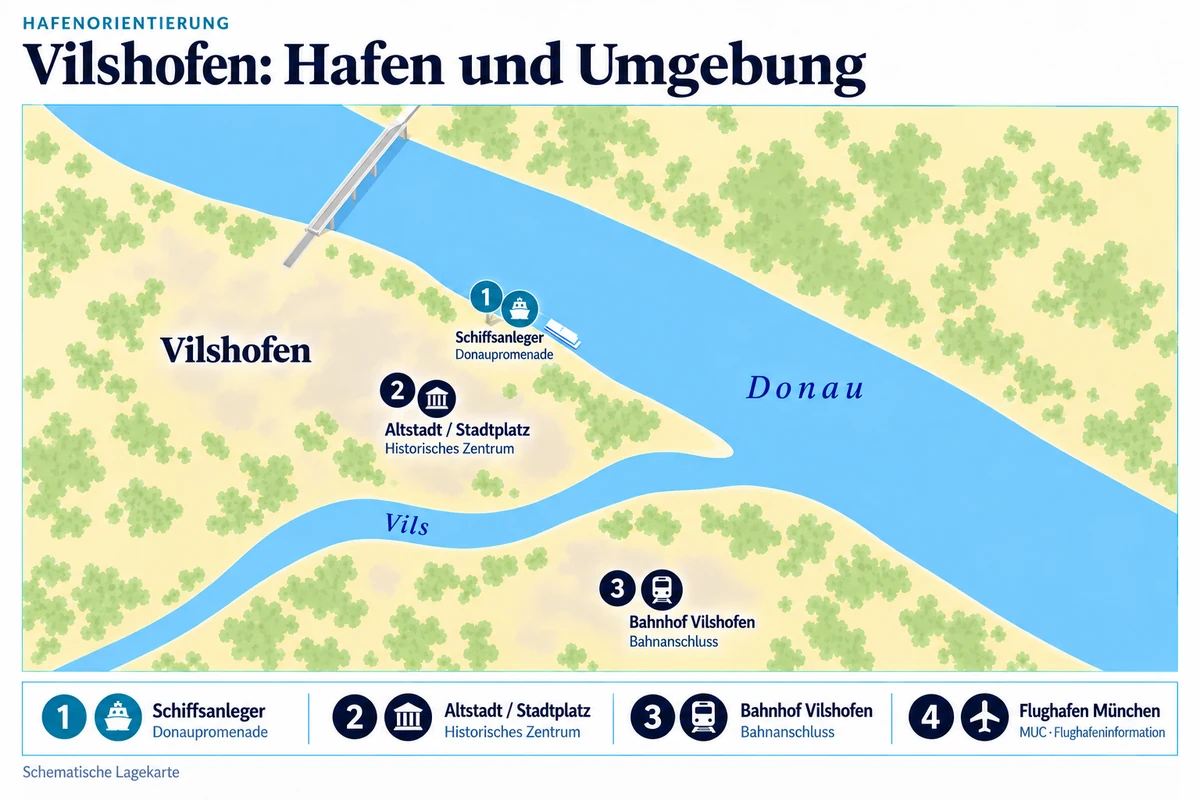 Schematische Hafenkarte von Vilshofen an der Donau mit Schiffsanleger an der Donaupromenade, Altstadt am Stadtplatz zwischen Donau und Vils sowie Bahnhof südlich der Vils; separate Flughafeninformation zu München (MUC).