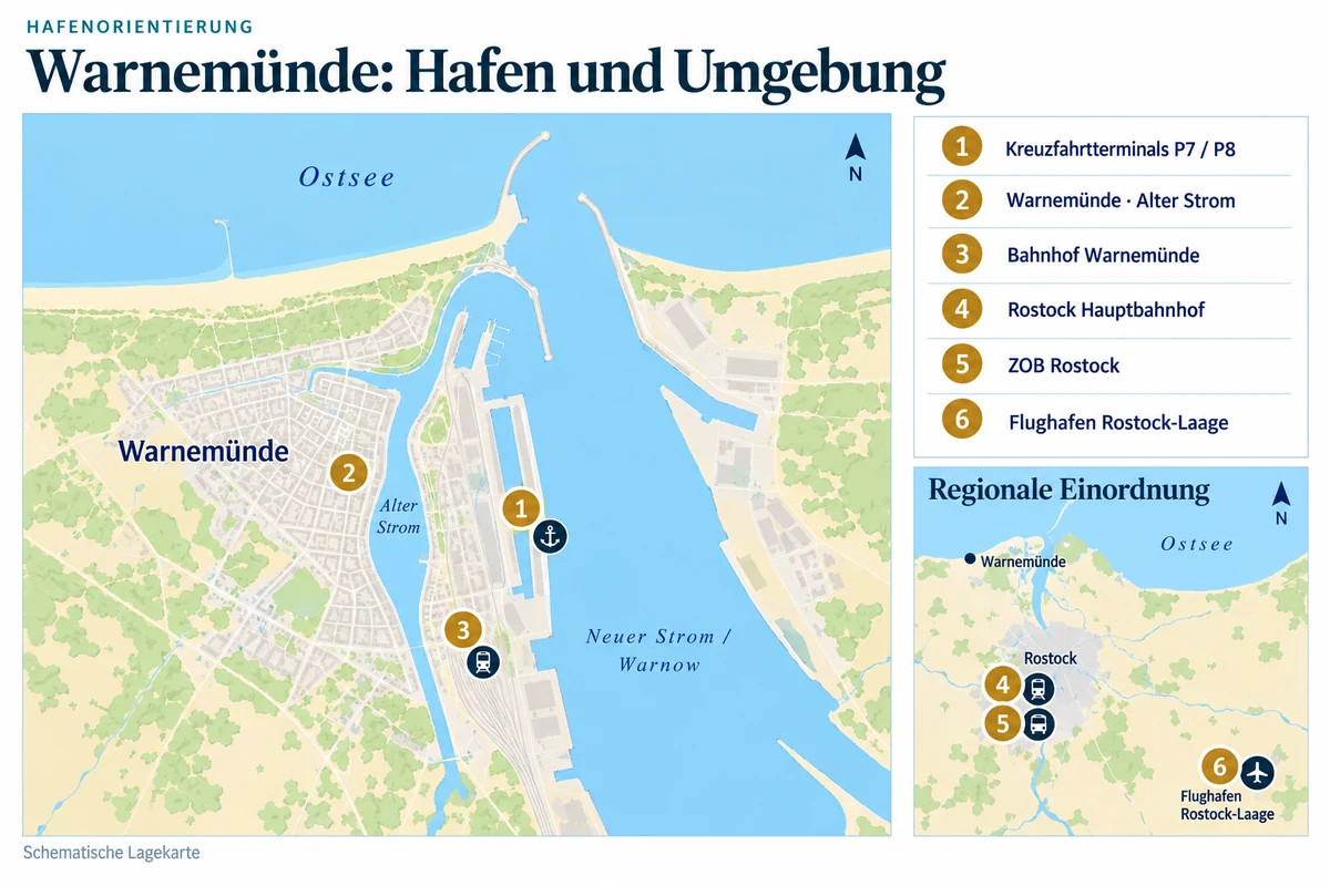 Schematische Hafenkarte von Warnemünde mit Kreuzfahrtterminals P7 und P8, Ortszentrum am Alten Strom und Bahnhof Warnemünde. Die regionale Übersicht zeigt Rostock Hauptbahnhof, den südlich benachbarten ZOB und Flughafen Rostock-Laage im Südosten.